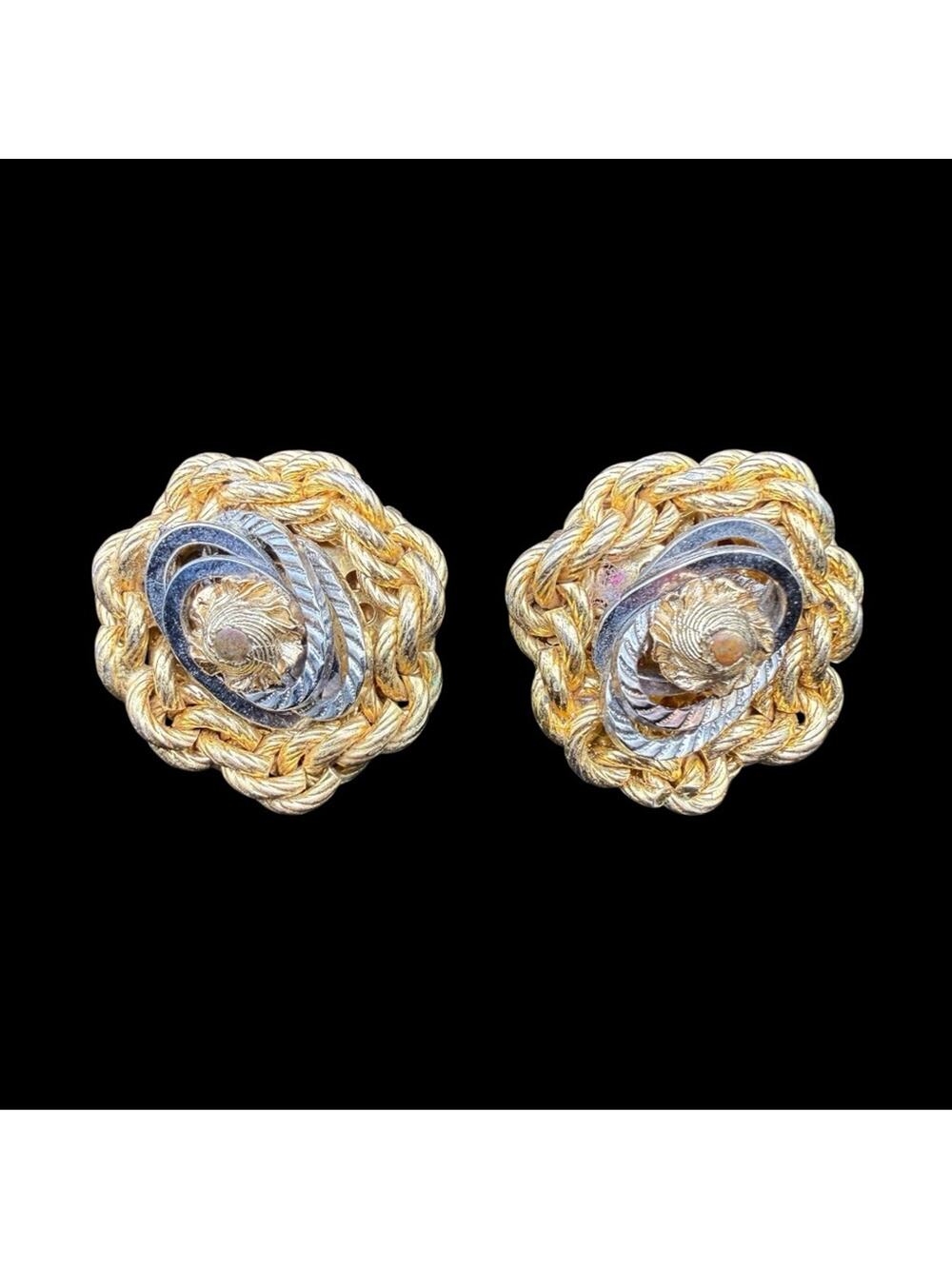 Vintage Hattie Carnegie Gold and Silver Braided Knot Earrings - 1”